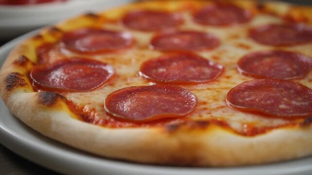 Close-up of a delicious pepperoni pizza on a plate, on a table with another dish in the background, possibly used for food delivery or restaurant menu