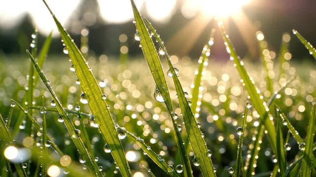 Close-up of dewy grass blades with sunlight shining through, set against a blurred background of trees on a serene outdoor scene