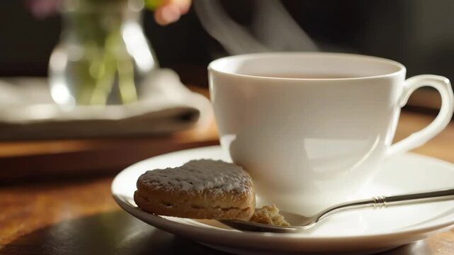 Cozy afternoon tea break with a delicate porcelain cup saucer and shortbread cookie on a warm wooden table a moment of peaceful indulgence