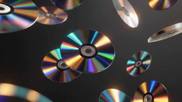 Colorful CDs floating in mid-air against a dark background with a gradient of light