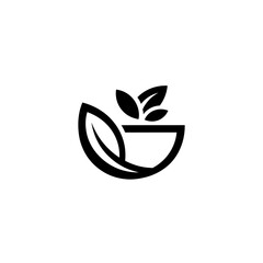 Minimalist black and white logo of a bowl with leaves representing health and nature.