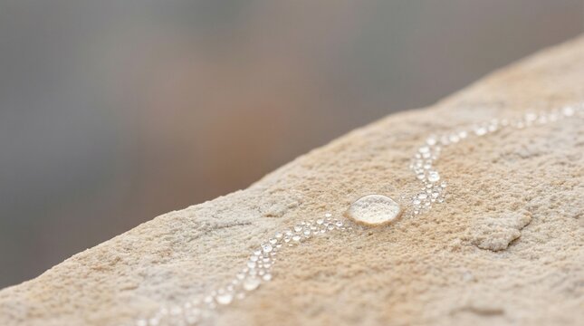 Sandstone Platform with Single Dew Droplet Trail, Macro Texture Detail on Neutral Gradient Background