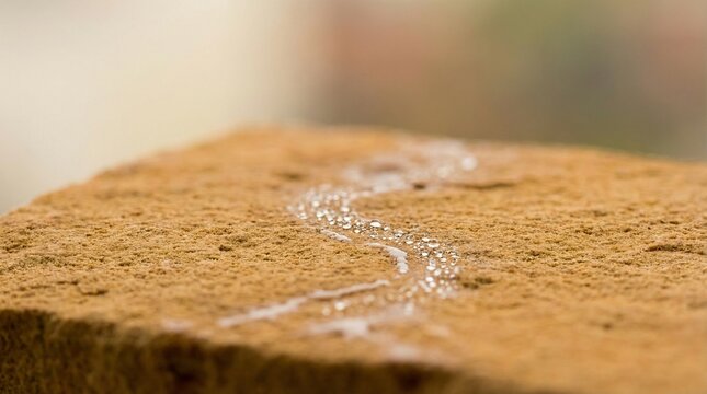 Sandstone Platform with Single Dew Droplet Trail, Macro Texture Detail on Neutral Gradient Background