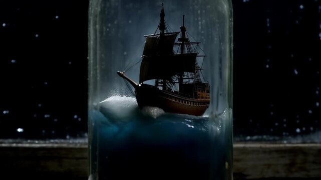 A miniature ship sails through turbulent waters inside a glass bottle at night.