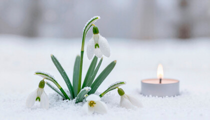 Snowdrops with light frost on a snowy background alongside a lit candle, serene winter scene