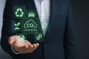 Carbon Neutrality Concept: Businessman Holding Virtual Icons Representing Sustainable Practices and Environmental Responsibility for a Greener Future