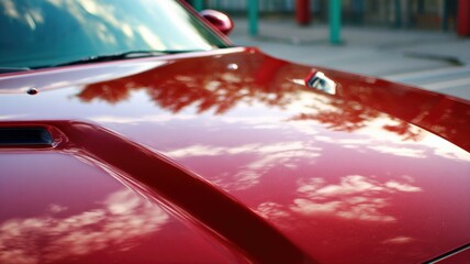 Fototapeta premium Close-up of a Red Car Hood Reflecting Sky, Showcasing Automotive Detail and Glossy Surface