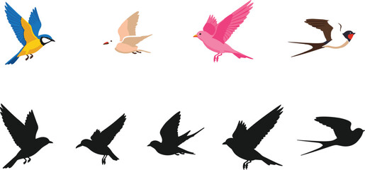 Collection of flying garden birds, colorful flat silhouettes of sparrow and tit, isolated vector illustration, wild songbird nature design elements. © Nahl