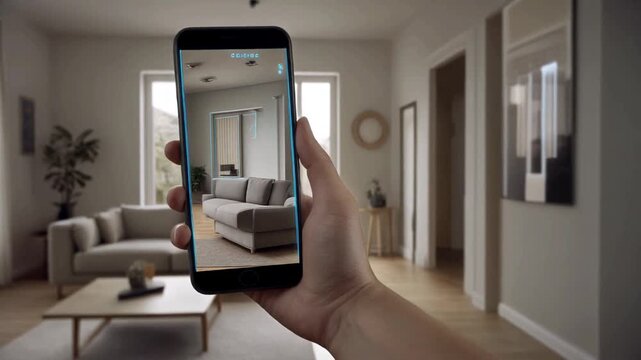Person holding smartphone displays 3D living room design for interior space visualization