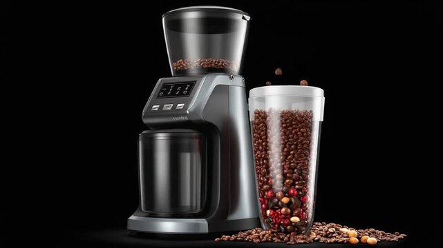A coffee grinder with a clear hopper and collection container filled with coffee beans