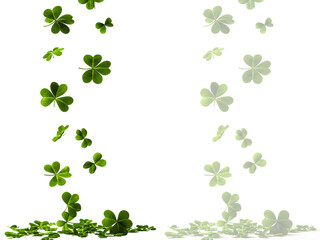 Vertical floating clover leaves isolated on transparent background, lucky shamrock PNG elements for modern spring design and nature decoration