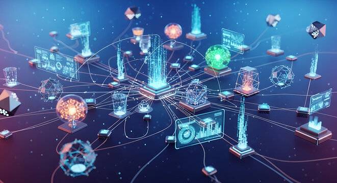 A futuristic digital network with glowing abstract objects and data connections, representing advanced technology and interconnected systems.