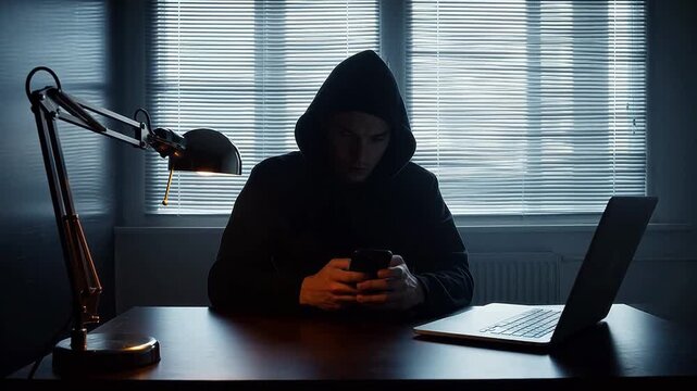 Person in hoodie using phone at desk