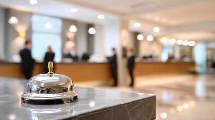 Hotel reception area featuring a service bell on a marble counter, with blurred staff and guests
