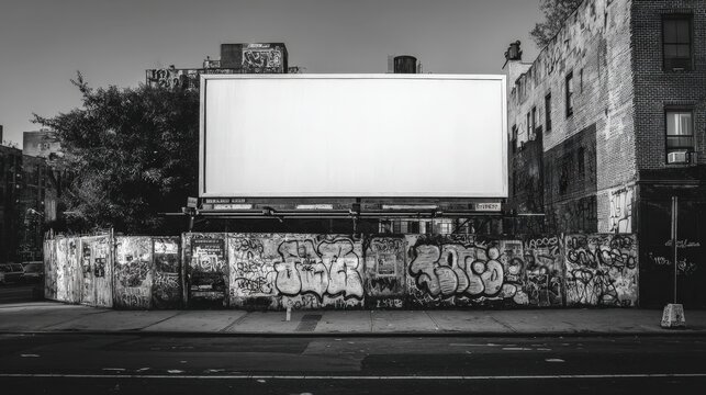 A large white billboard framed by urban graffiti on nearby walls, providing a stark contrast and a clean space for compelling designs