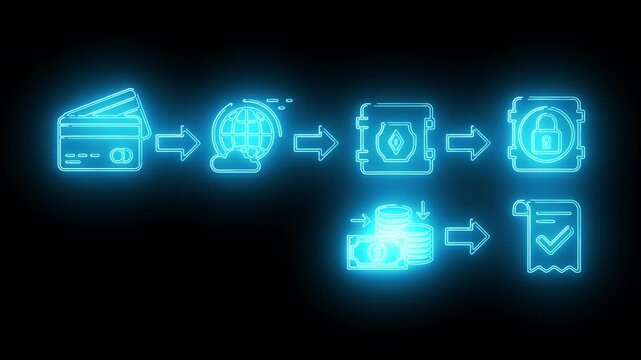 Neon-lit icons illustrating online payment process on black background with glowing blue arrows