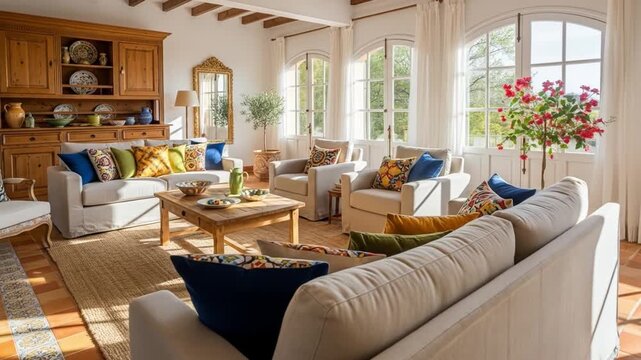 A bright and airy living room with a beige couch, wooden coffee table, and colorful pillows, set against a backdrop of large windows and a wooden cabinet. Perfect for home decor, interior