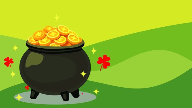 Festive St Patrick&rsquo;s Day footage showing a pot of gold coins under a bright rainbow with shamrocks on green hills. Symbol of luck, Irish folklore, celebration, prosperity, magic, and joyful holiday