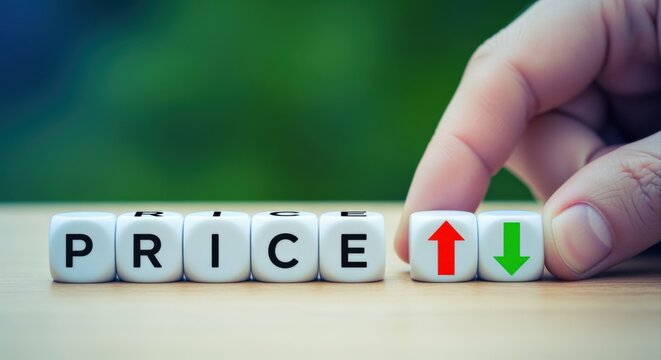 Concept of price increase or decrease represented by dice, arrows, and human hand manipulation