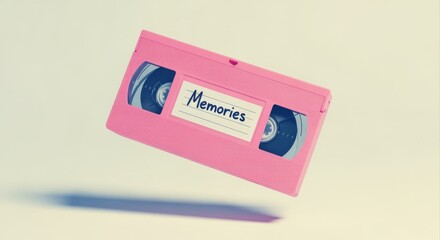 Obraz premium Nostalgic Pink VHS Tape Floating, Capturing Memories of the Past, Vintage Media and Technology Concept