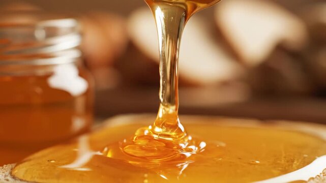 Close-up shot of golden honey dripping from a wooden dipper onto a surface.