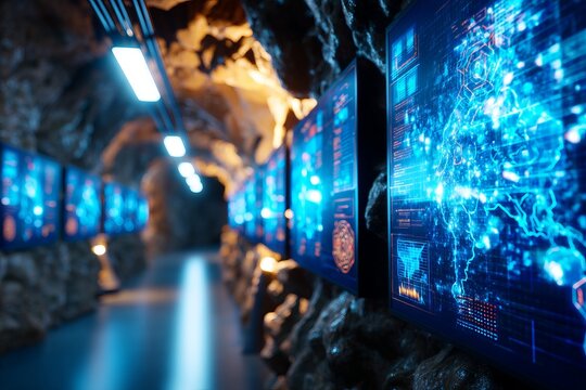 Mysterious Underground Tech Display with Creepy Vibe in Shaft Setting