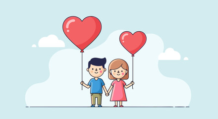 Cartoon Couple Holding Heart Balloons Together.