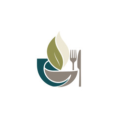 Obraz premium Abstract logo design featuring a bowl, cutlery, and leaves, symbolizing healthy and natural food.