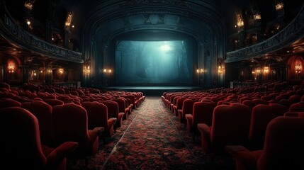 Gothic Victorian Theatre Interior with Empty Red Seats and Eerie Stage Projection