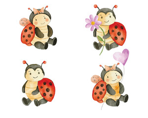 Cute Watercolor Ladybugs Illustration Set
