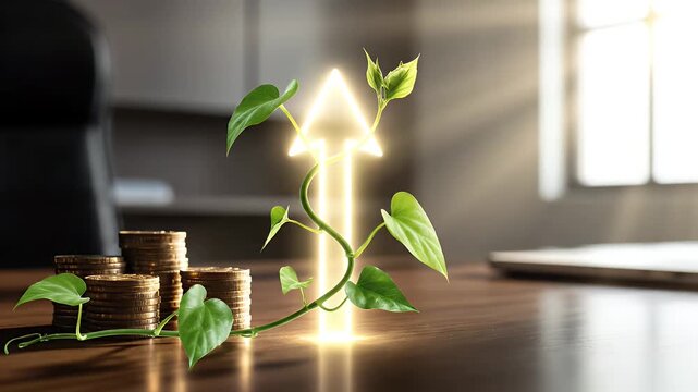 Concept of financial growth and investment success with rising arrow and coins.