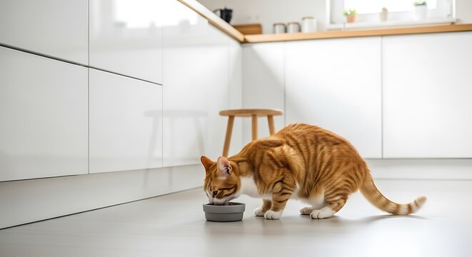 An orange tabby cat eats from a bowl on a modern kitchen floor, lit by natural light