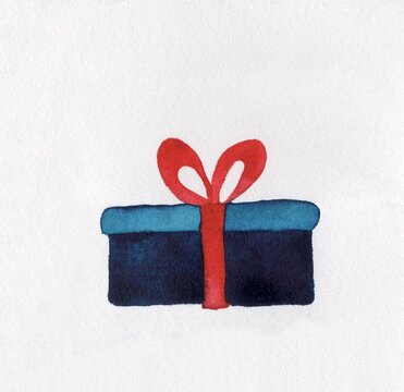Small blue gift with a red bow and ribbon, painted in watercolor