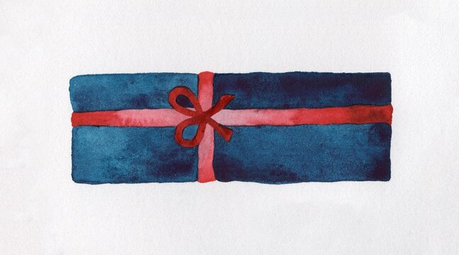 Long blue gift with a red bow and ribbon, painted in watercolor