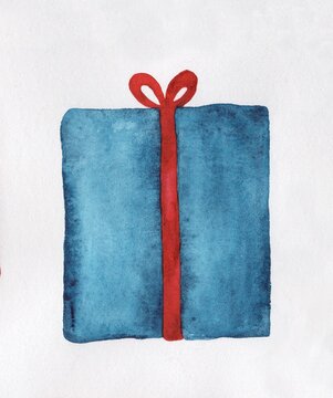 Illustration of a blue gift with a red bow, watercolor