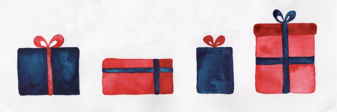 Illustration of blue and red gifts, watercolor