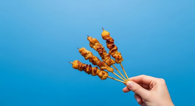Hand holding chicken satay skewers