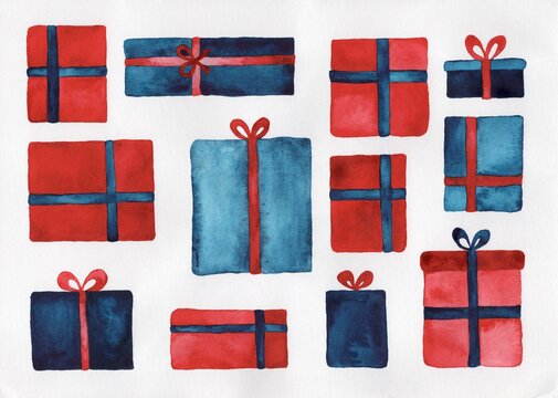 Watercolor illustration of bright gifts 