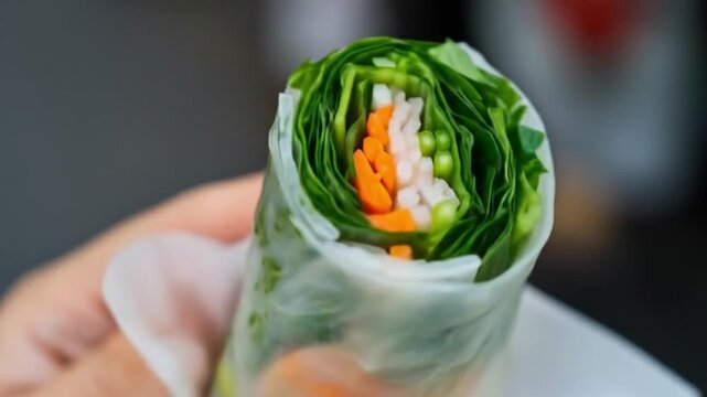 A hand holds a fresh spring roll filled with green leaves, carrots, and other vegetables. Perfect for food blogs, restaurant menus, and healthy eating articles.