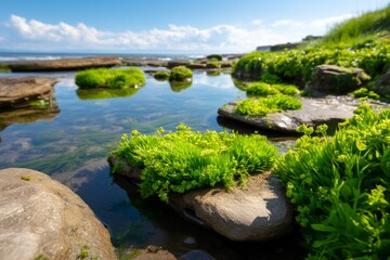 Fototapeta premium Exposed Coastal Tide Pools with Vibrant Green Algae at Extreme Low Tide Under Clear Sky