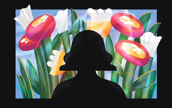 Women Silhouette looking at colorful abstract flowers