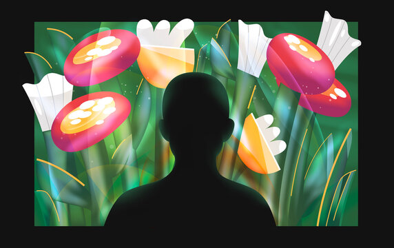 Man Silhouette in front of abstract colorful flowers