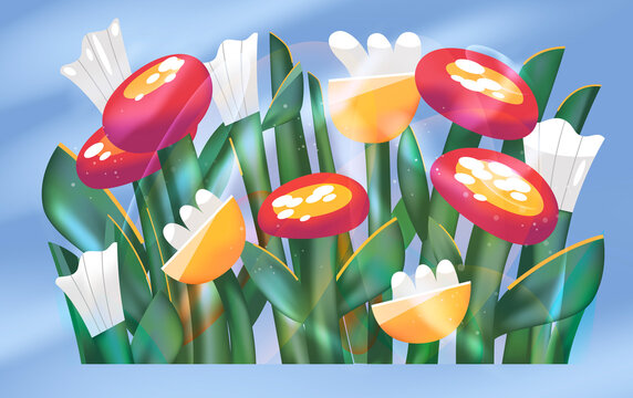 Abstract colorful flowers on blue background