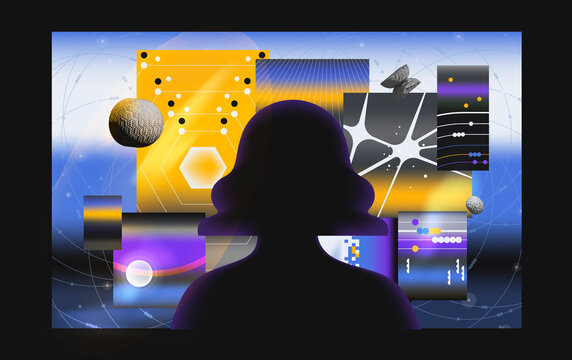 Female Person silhouette watching abstract tech data interface