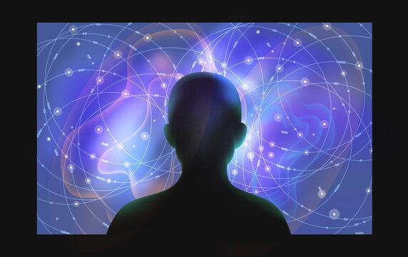 Person silhouette watching abstract energy connection lights