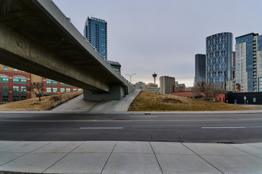 Calgary Overpass Leading Toward Downtown Skyline and Tower