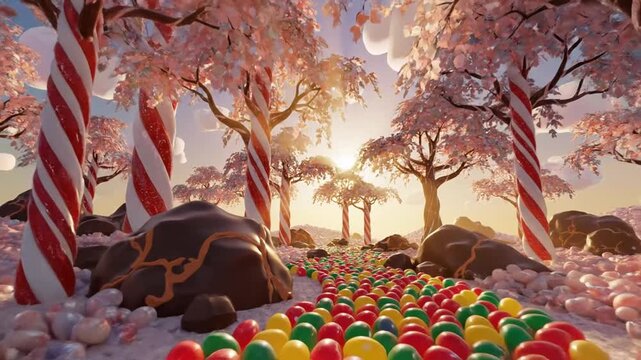 Whimsical Candy Land Journey: A Sweet Escape into a Dreamy Forest of Treats and Cherry Blossoms