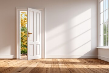 Fototapeta premium Half Open Door Revealing Light in Empty Room with Natural Outdoor Scenic View