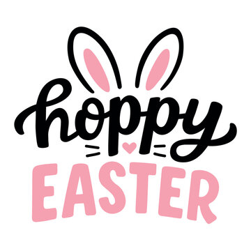 Cute Easter lettering design with the phrase Hoppy Easter, bunny ears and pink accents. Playful hand drawn typography perfect for Easter cards, stickers, prints, kids designs, apparel and holiday deco