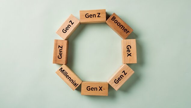 Wooden blocks arranged in a circle, each block displaying a generation label such as Boomer, Gen X, and Millennial. A clever conceptual representation of generational dynamics